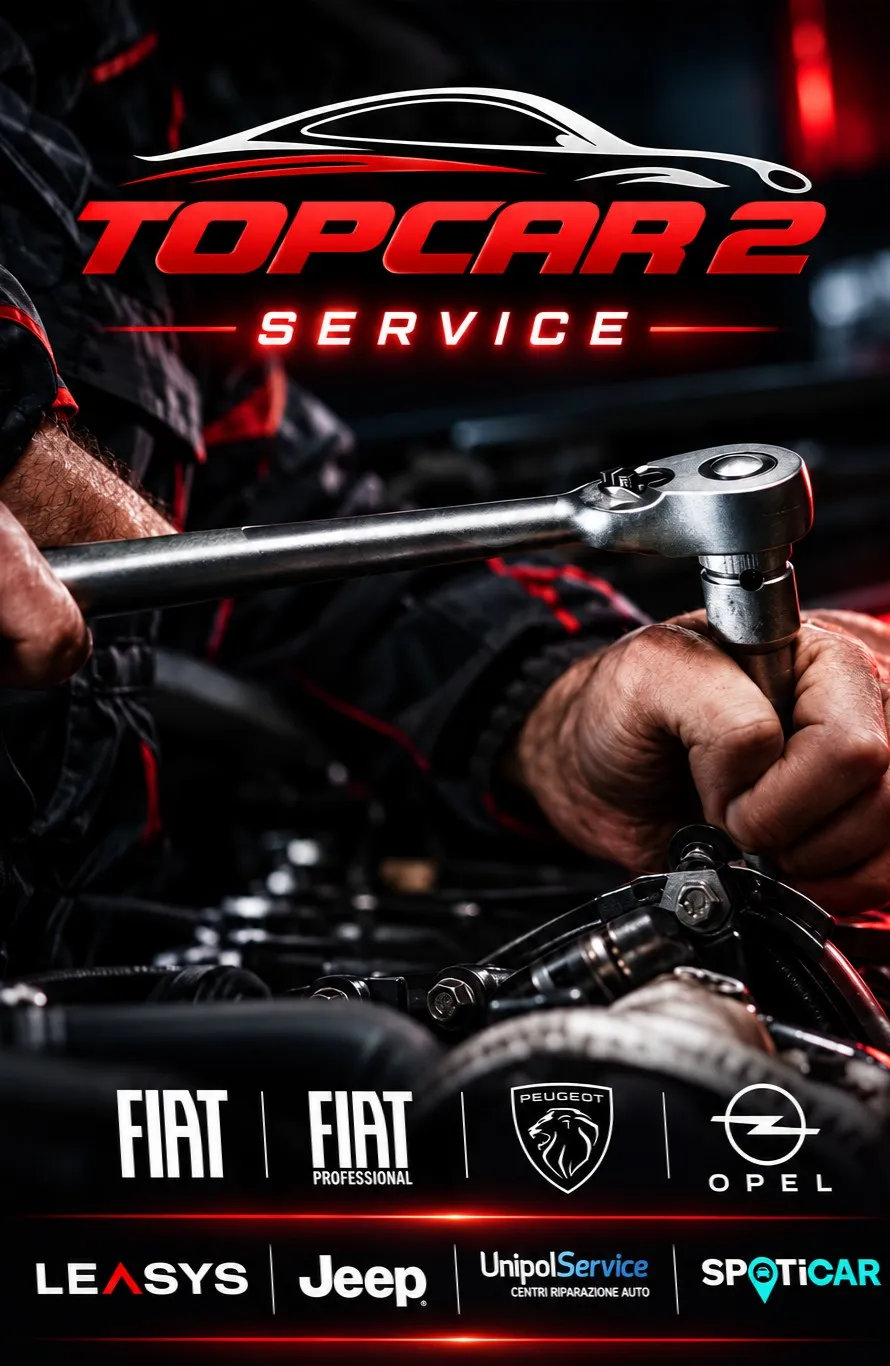 Poster TOP CAR 2 Service: mani di un meccanico con una chiave a cricchetto sul motore, con i marchi trattati